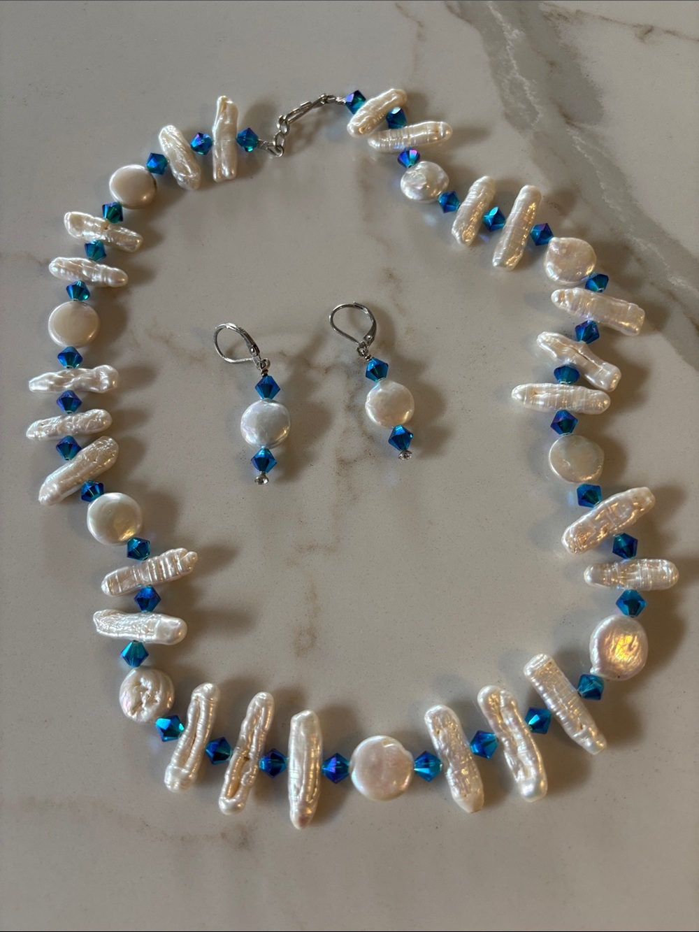 Freshwater Pearl and Blue Crystal Necklace & Earring Set